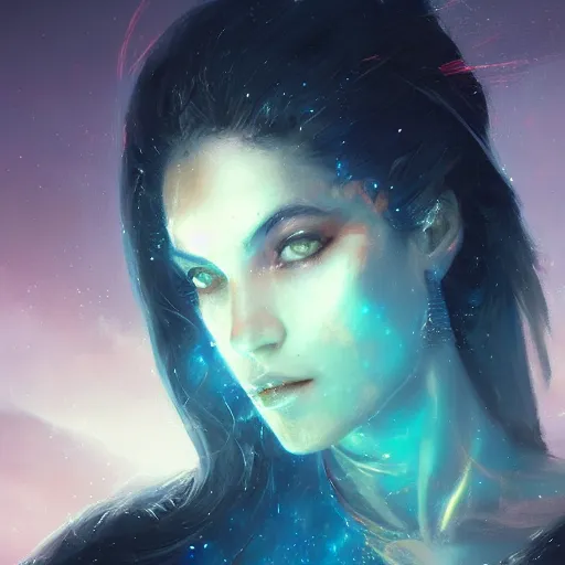 Prompt: a beautiful portrait of a cosmic goddess by Greg Rutkowski and Raymond Swanland, Trending on Artstation, nebula background, ultra realistic digital art