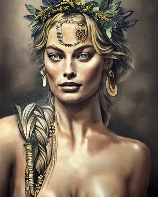 Image similar to realism tattoo sketch of margot robbie as a beautiful greek goddess aphrodite with piercing eyes wearing a laurel wreath and triangle earrings, in the style of greg rutkowski, amazing detail