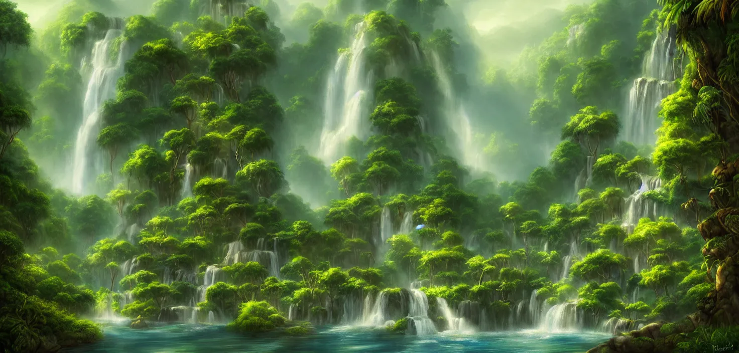 Image similar to waterfall in the jungle, a detailed matte painting by bob ross, deviantart, fantasy art, matte painting, detailed painting, 2 d game art