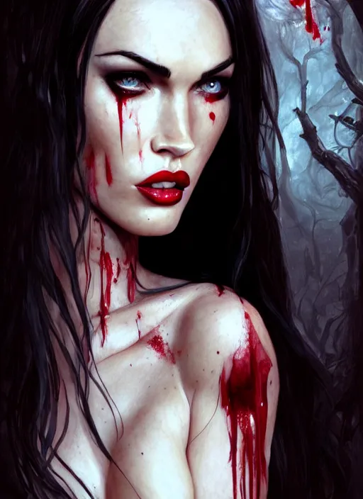 Image similar to portrait of megan fox as a evil vampire queen, bloody tears, jewelry, greek, dark, intricate, headshot, key visual, conceptart, ambient lighting, highly detailed, digital painting, artstation, concept art, sharp focus, by makoto shinkai and akihiko yoshida and greg manchess