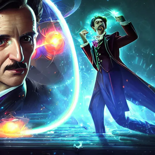 Image similar to portrait of nikola tesla as willy wonka, league of legends amazing splashscreen artwork, fantasy, splash art, natural light, elegant, photorealistic facial features, intricate, fantasy, detailed face, atmospheric lighting, anamorphic lens flare, cinematic lighting, league of legends splash art, hd wallpaper, ultra high details by greg rutkowski