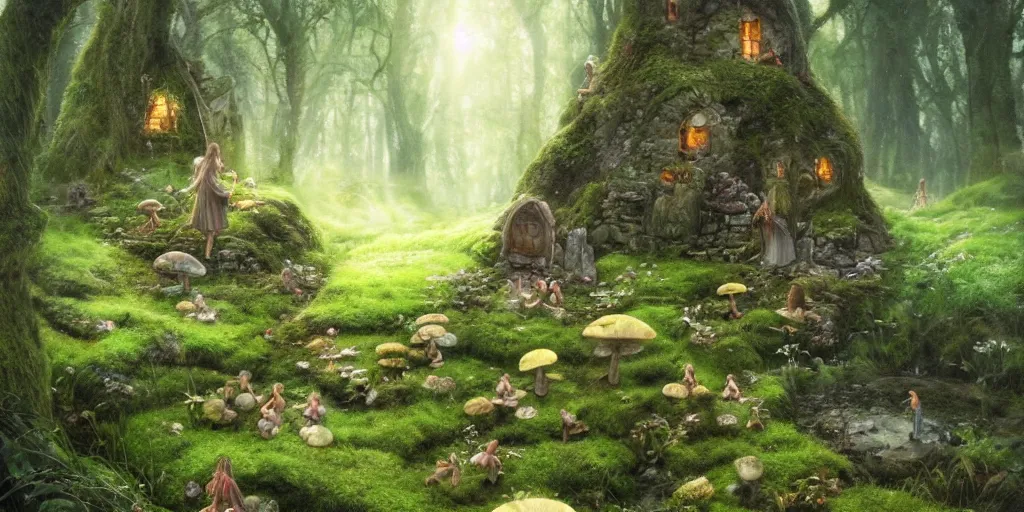 Image similar to fairies in the shire scenery landscape, lord of the rings, stone monoliths, mushroom structures,, moss, fireflies, highly detailed, vivid color, perfect lighting, perfect composition, 8 k, brian froud, artgerm, derek zabrocki, greg rutkowski