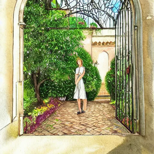 Image similar to delicate portrait, symmetric artwork, chairs, garden, paved, botanic watercolors, iridescent, 8 k, realistic shaded, fine details, artstation, italian, iron gate, tree, mediterranean, marvelous