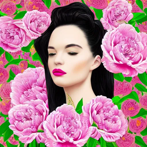 Prompt: highly detailed portrait of the most beautiful woman surrounded by peonies, vaporwave colors, smooth rendering