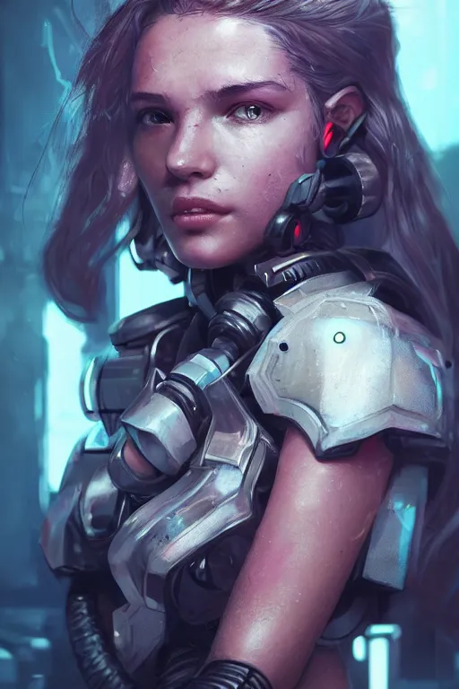 Prompt: beautiful close - up portrait of a cyborg mercenary girl, art by wlop and liam wong, cyberpunk, neon, combat armor, head and shoulders, long hair, intricate details, trending on artstation, sharp focus, caustics, octane render, radiant light, 4 k