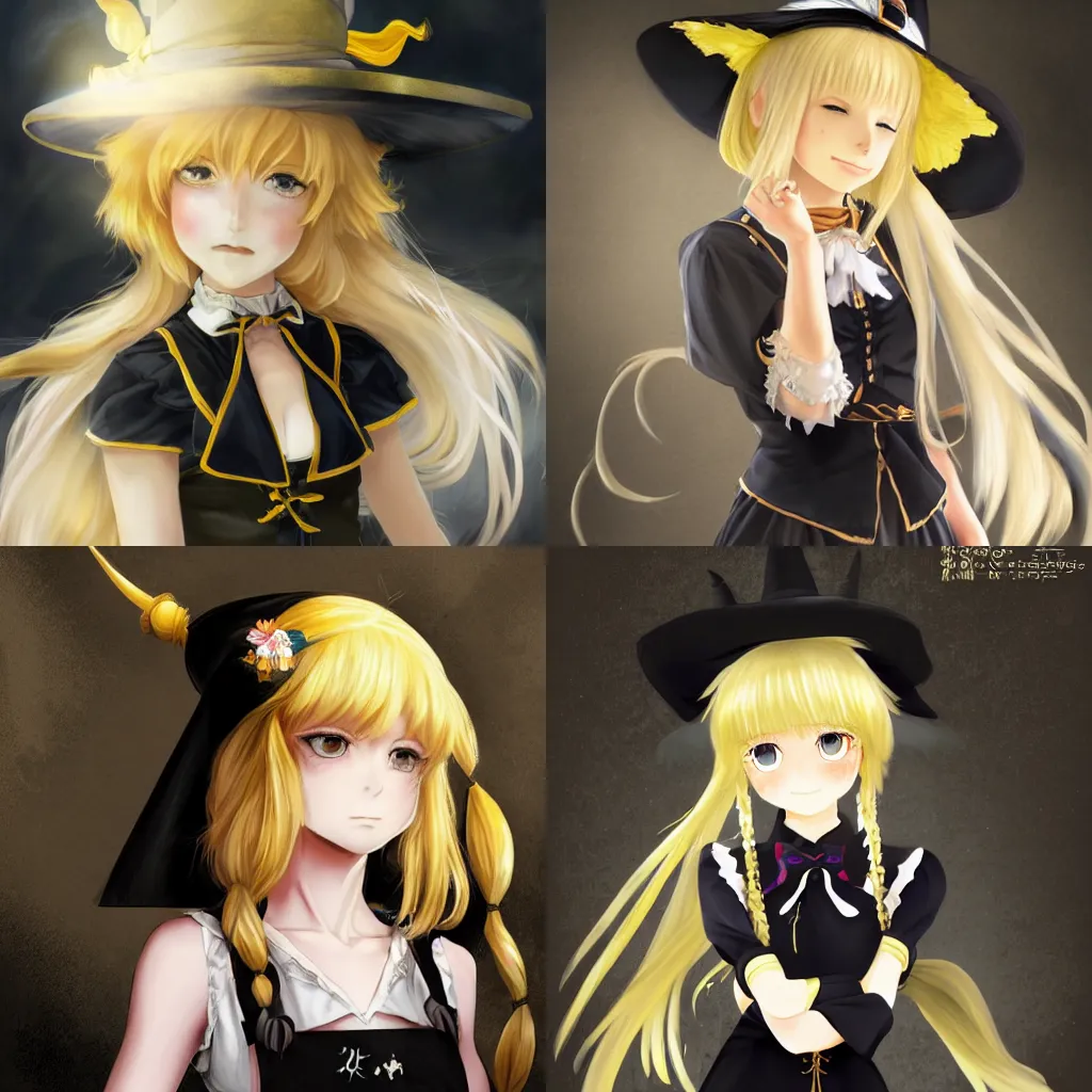 Prompt: Portrait of Marisa Kirisame is young witch with blonde hair with single braid and golden yellow eyes, wearing black vest and skirt, white waist apron and undershirt, and pointed black witch hat, Touhou character illustration by Ross Tran, Yoshitaka Amano Oskar Shlemmer Artstation