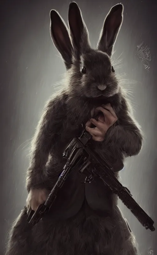 Image similar to dark fantasy photorealistic portrait concept art of a bunny hitman, trending on art station, stunning visuals, creative, cinematic, ultra detailed