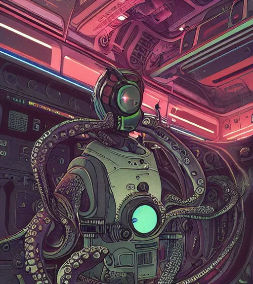 Image similar to a cybernetic realistic octopus in a space station, techwear, Industrial Scifi, detailed illustration, character portrait, by Martin Grip and Moebius