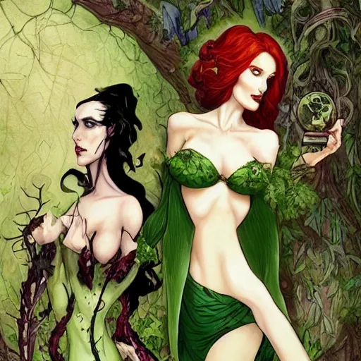 Image similar to a beautiful picture of doctor poison ivy professor of botany and doctor liliana vess professor of demonology having lunch, academic clothing, dark eyeliner, intricate, elegant, highly detailed, digital painting, artstation, concept art, matte, sharp focus, illustration, art by rebecca guay and by jacque louis david, in the style of magic the gathering