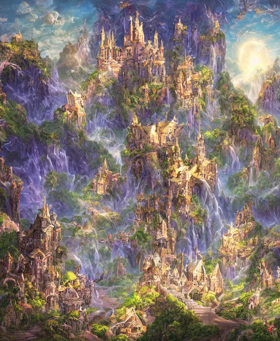 Image similar to an epic fantasy painting filled with magical elements, castles, and crystal towers