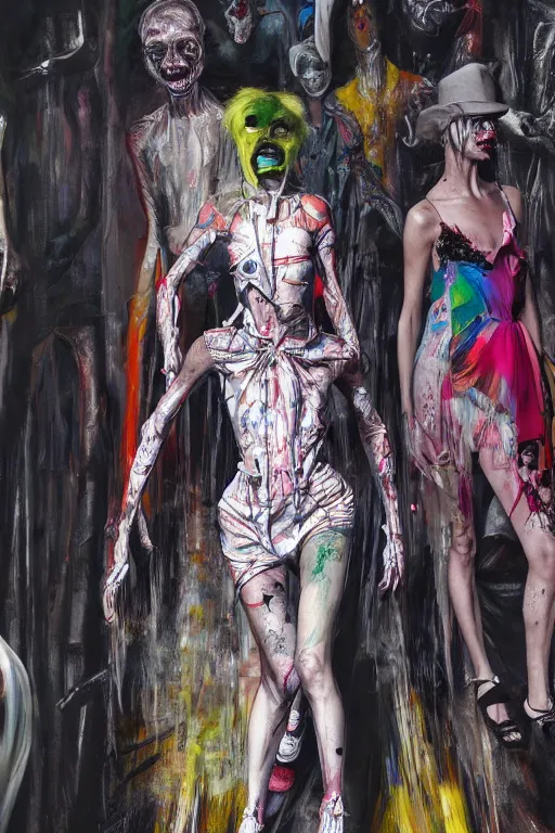 Image similar to crazy fashion catwalk, one model, crazy clothes, biopunk style, horror, hauntingly surreal, highly detailed painting by francis bacon, edward hopper, adrian ghenie, gerhard richter, and james jean soft light 4 k,