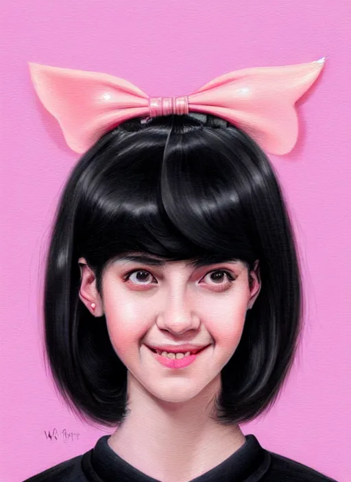 Image similar to portrait of high school girl, realistic, black hair, bangs, half updo hairstyle, pointy nose, skinny, smile, ugly, defined jawline, big chin, pink hair bow, earrings, intricate, elegant, glowing lights, highly detailed, digital painting, artstation, sharp focus, illustration, art by wlop, mars ravelo and greg rutkowski