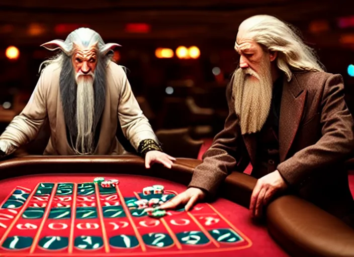 Image similar to film still of gandalf gambling in a casino in new hangover movie, 8 k