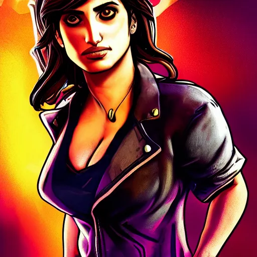 Image similar to penelope cruz portrait, borderlands, tales from the borderlands, the wolf among us, comic, cinematic lighting, studio quality, 8 k