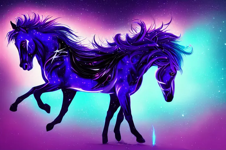 Prompt: a stunning horse with bioluminescent mane and tail running in space by sandra chevrier and greg rutkowski, neon hooves, purple blue color scheme, vaporware, retro, outrun, high key lighting, volumetric light, digital art, highly detailed, fine detail, intricate, ornate, complex, octane render, unreal engine, photorealistic
