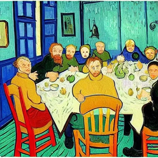 Image similar to a group of friends having lunch, van Gogh style