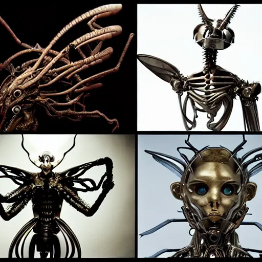 Image similar to still frame from Prometheus movie by Makoto Aida, biomechanical angel gynoid by giger, mimicking devil's dragon flower mantis, metal couture by neri oxmn and Guo pei, editorial by Malczewski and by Caravaggio