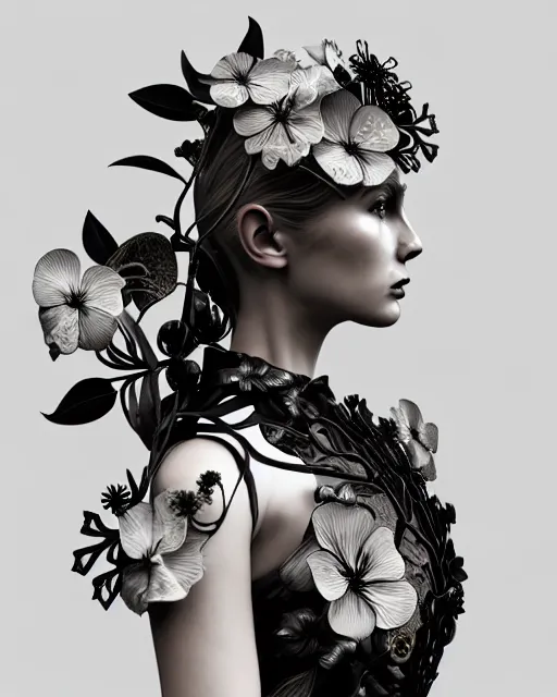 Image similar to monochrome 3 d model, floral steampunk biomechanical beautiful young female cyborg with porcelain profile face and a techno eye, volumetric light, leaves foliage and stems, hibiscus flowers, boho floral vines, sinuous fine roots, fine foliage lace, alexander mcqueen, rim light, gothic fashion pearl embroidered collar, octane render, bw, 8 k