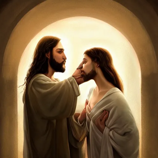 Image similar to jesus kissing a sensual woman in jerusalem, elegant, highly detailed, digital painting, artstation, concept art, matte, sharp focus, highly detailed, 4 k, hdr, smooth, sharp focus, high resolution, award - winning photo, photorealistic large shot