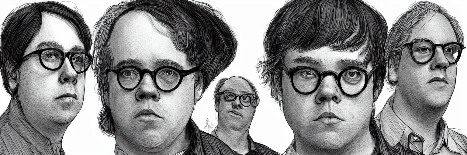 Prompt: character study of todd solondz and philip seymour hoffman and paul dano, 2 0 2 2, clear faces, emotional, character sheet, fine details, concept design, contrast, kim jung gi, pixar and da vinci, trending on artstation, 8 k, full body and head, turnaround, front view, back view, ultra wide angle