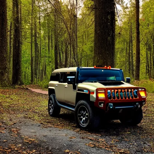 Prompt: a hummer parked in an old forest, at dusk