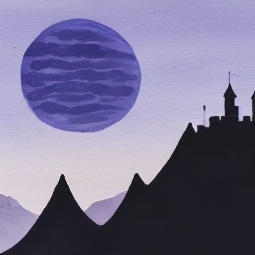 Image similar to highly detailed, silhouette of a castle on misty mountains, beautiful, calm, full moon, gouache painting