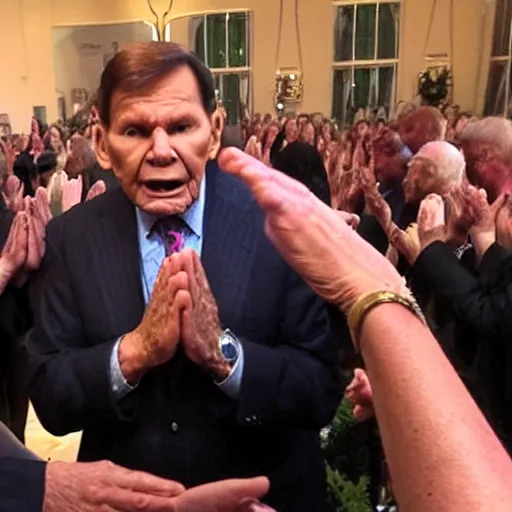 Prompt: kenneth copeland praying to satan in a witch circle