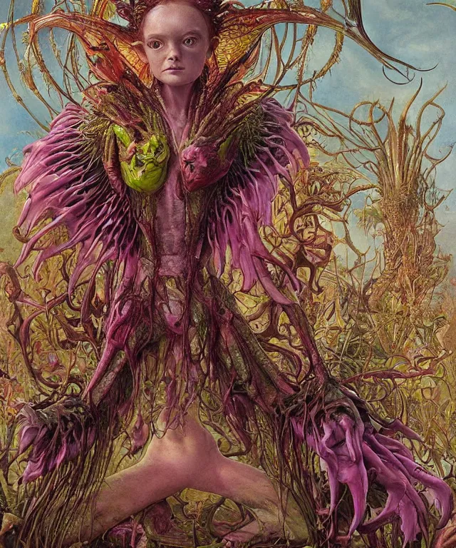 Prompt: a portrait photograph of a alien harpy succubus queen with amphibian skin. she looks like sadie sink dressed in a colorful slimy organic membrane bulbous catsuit. she is transforming into an insect. by donato giancola, walton ford, ernst haeckel, peter mohrbacher, hr giger. 8 k, cgsociety, fashion editorial