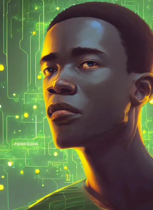 Image similar to detailed digital painting of young black man surrounded by floating green text and complex algorithms, cinematic dramatic pose by artstation, fanart behance hd by jesper ejsing, by rhads, makoto shinkai and lois van baarle, ilya kuvshinov, rossdraws, enter the matrix, global illumination, radiant light, detailed and intricate environment