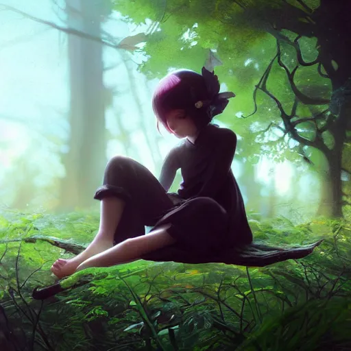 Image similar to very very small little girl by tom bagshaw, sitting on a gigantic green leaf by ilya kuvshinov, rtx rendering, octane render 1 2 8 k, maya, extreme high intricate details by wlop, digital anime art by ross tran, medium shot, close up shot, composition by sana takeda, lighting by greg rutkowski