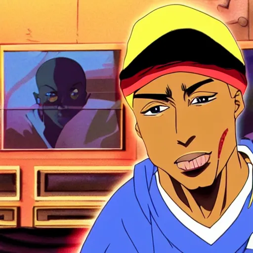 Prompt: Tupac Shakur, screenshot from a 2012s anime