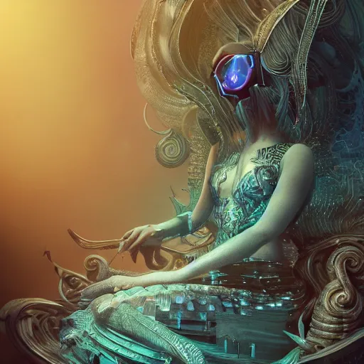 Prompt: amazing eldritch princess, sitting on intricate throne, high tech, cyberpunk, dystopian, shark laser force, butterfly squid, burning halo, intricate artwork by Anna Dittmann, very coherent symmetrical artwork, cinematic, hyper realism, high detail, octane render, unreal engine, 8k, Vibrant colors, Smooth gradients, High contrast, depth of field,