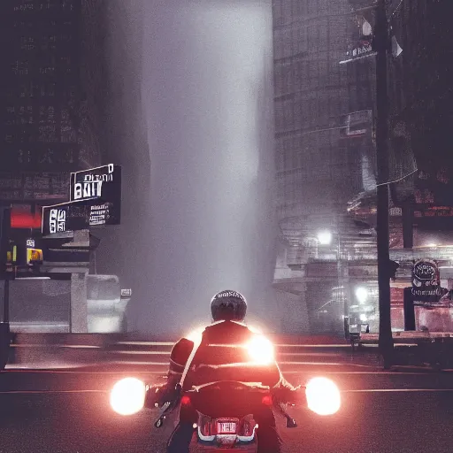 Image similar to dark and grey moody foggy extremely detailed and complex poster for playstation one pixelated polygon night time motorcycle video game, night time, motorcycle, fog, mist, buildings, city, traffic signs, barriers