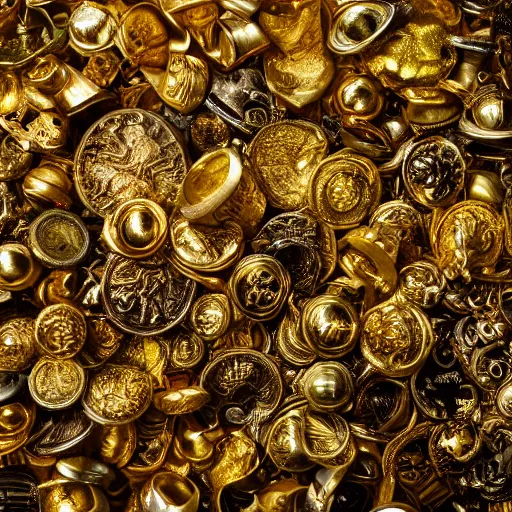 Image similar to A hoard filled with golden treasures lost to time, ultra-high definition, 4K, museum quality photo