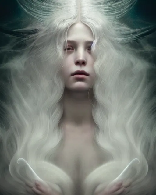 Prompt: dreamy, subsurface scattering, white, young beautiful goddess in cosmos with very long white hair floating in air, fluid smoke art, octane render, dino valls, mark ryden, joe fenton, michal karcz, highly detailed, rim light, art, cinematic lighting, very coherent, hyper realism, 8 k