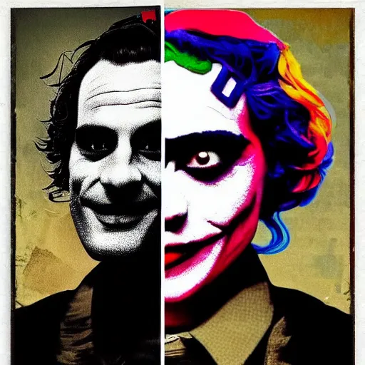 Prompt: mimmo rottela and banksy as joaquin phoenix skinny joker holding hand lady gaga harley queen, photorealistic, intricate details, pop art style, concept art, details proportional, random object movement, 3 colors, 4 k, 4 d, ultra smooth, sharp focus