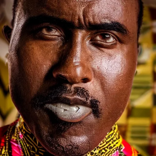 Prompt: african version of nicolas cage wearing tribal clothing close up heavy bokeh looking to lens