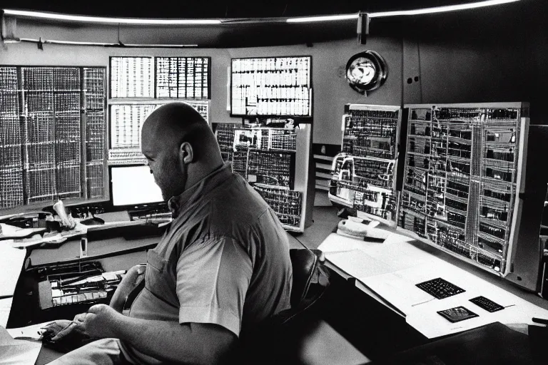 Image similar to heavyset bald man wearing a white shortsleeved shirt and blue jeans working in a nuclear silo control room by Roger Deakins