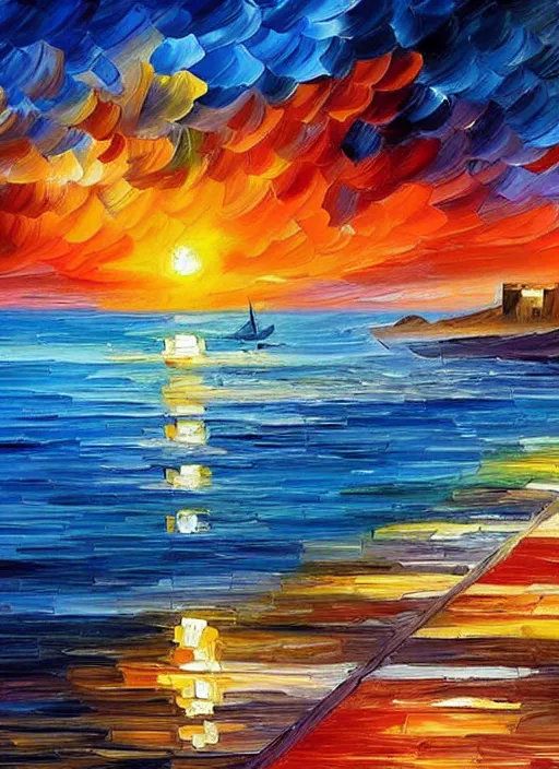 Image similar to beautiful seaside greek village at sunset in the style of leonid afremov