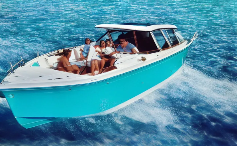 Prompt: photorealistic picture of a scarab 3 8 kv boat driving in turquoise water. miami. 8 0's style