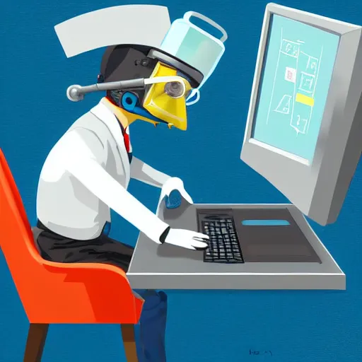 Image similar to An anthropomorphic grey dolphin dressed as a chemist playing games on a computer, digital painting