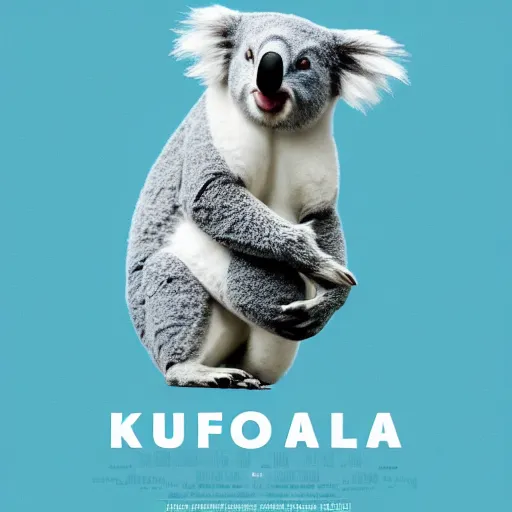 Image similar to Poster for a film about A man and his pet koala, the two characters in foreground, light blue background, minimalist, aesthetic, pinterest, simplistic, film grain, indie film