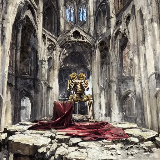 Image similar to Skeleton King wearing ragged clothes resting on a throne inside a ruined cathedral, oil painting, by Fernanda Suarez and Greg Rutkowski