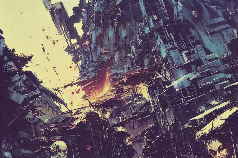 Prompt: full page illustration, Total destruction of Neo tokyo, buildings destroyed, rebar, waves by Katsuhiro Otomo, Phil hale, Ashley wood, Ilya repin, frank frazetta, 8k, hd, high resolution print