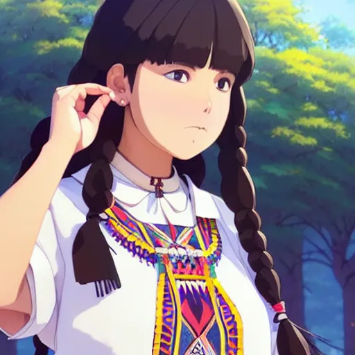 Image similar to a beautiful! plus sized native women instagram model, brown skin, wearing catholic school girl outfit with mayan pattern and native style, aztec street fashion, gapmoe yandere grimdark, trending on pixiv fanbox, painted by greg rutkowski makoto shinkai takashi takeuchi studio ghibli, akihiko yoshida