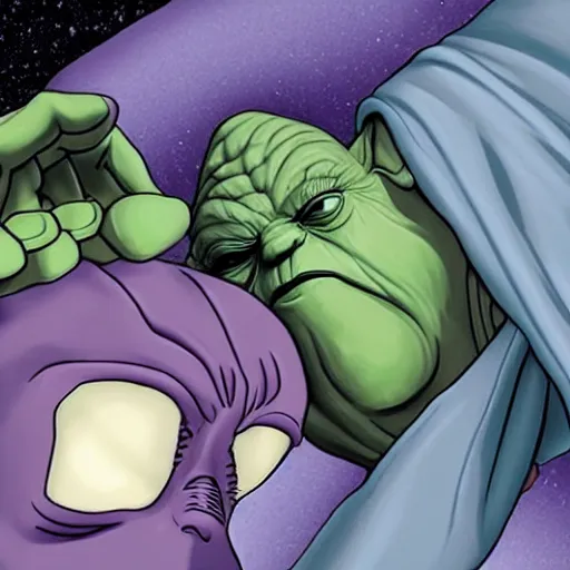 Image similar to thanos sleeping in bed next to yoda