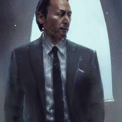 Image similar to portrait of a man by greg rutkowski, hiroyuki sanada as a ceo of weyland - yutani aliens franchise, he is about 5 0 years old, wearing futuristic office suit, highly detailed portrait, digital painting, artstation, concept art, smooth, sharp foccus ilustration, artstation hq