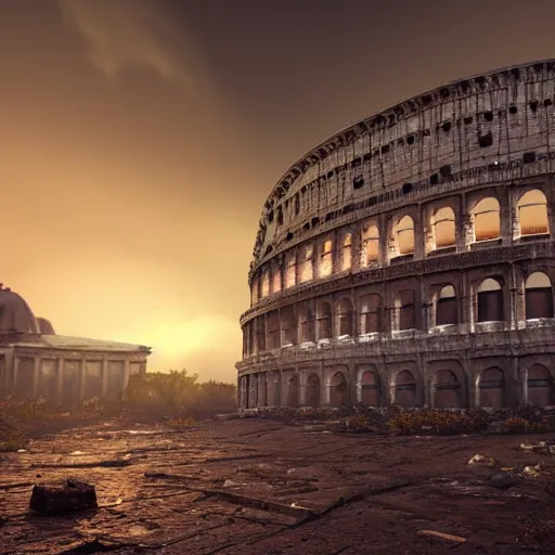 Prompt: post apocalyptic Rome,ultra wide, octane render, cinematic, hyper realistic,