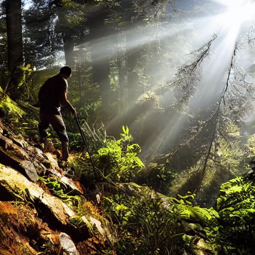 Prompt: man hunting for quartz on a steep hillside covered by dense trees with shafts of light. photo realistic.