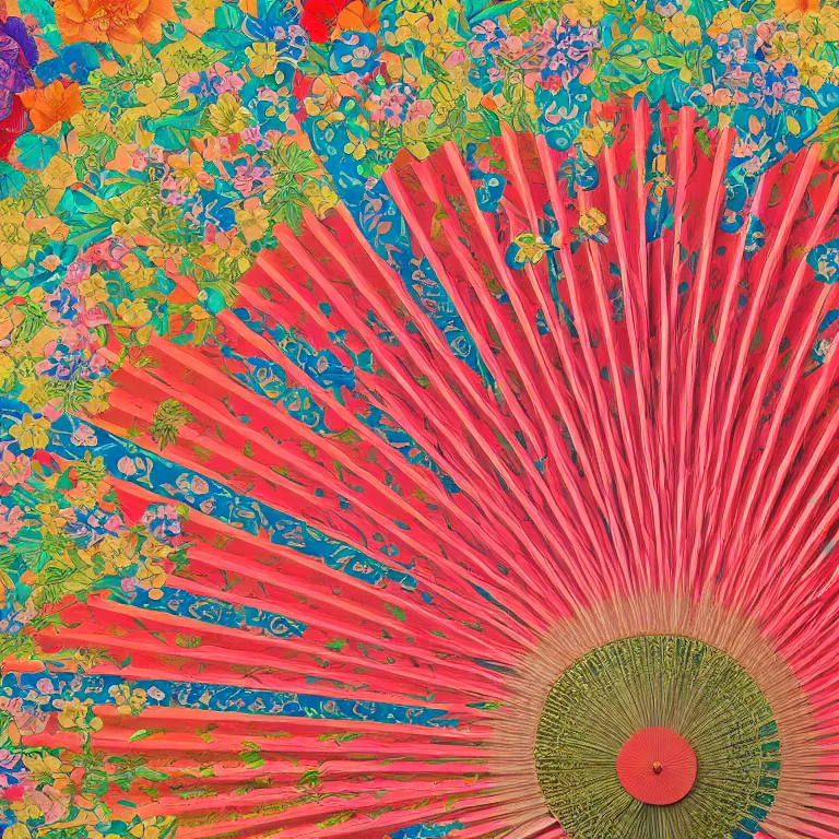 Image similar to japanese pattern, colorful silk fan, digital painting, highly detailed, intricate, elegant, artstation, concept art, colorful, beautiful,